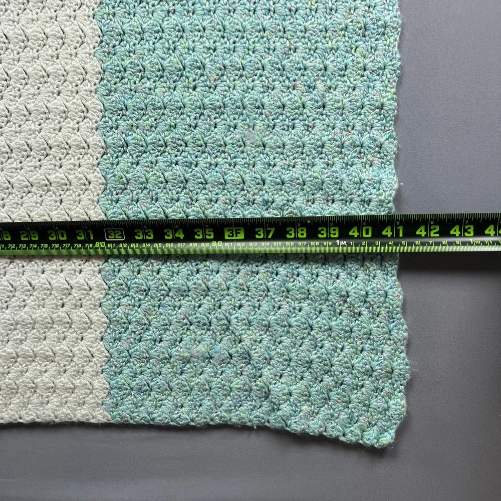 Handmade Crochet Throw Baby Blanket Teal White Striped Soft Knit (38